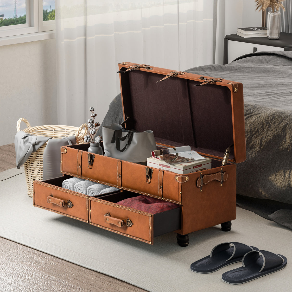 COZAYH Vintage Storage Ottoman Bench, Chest Cabinet with Latch Closure and Buckle for Bedroom Closet Home Organizer Decorative