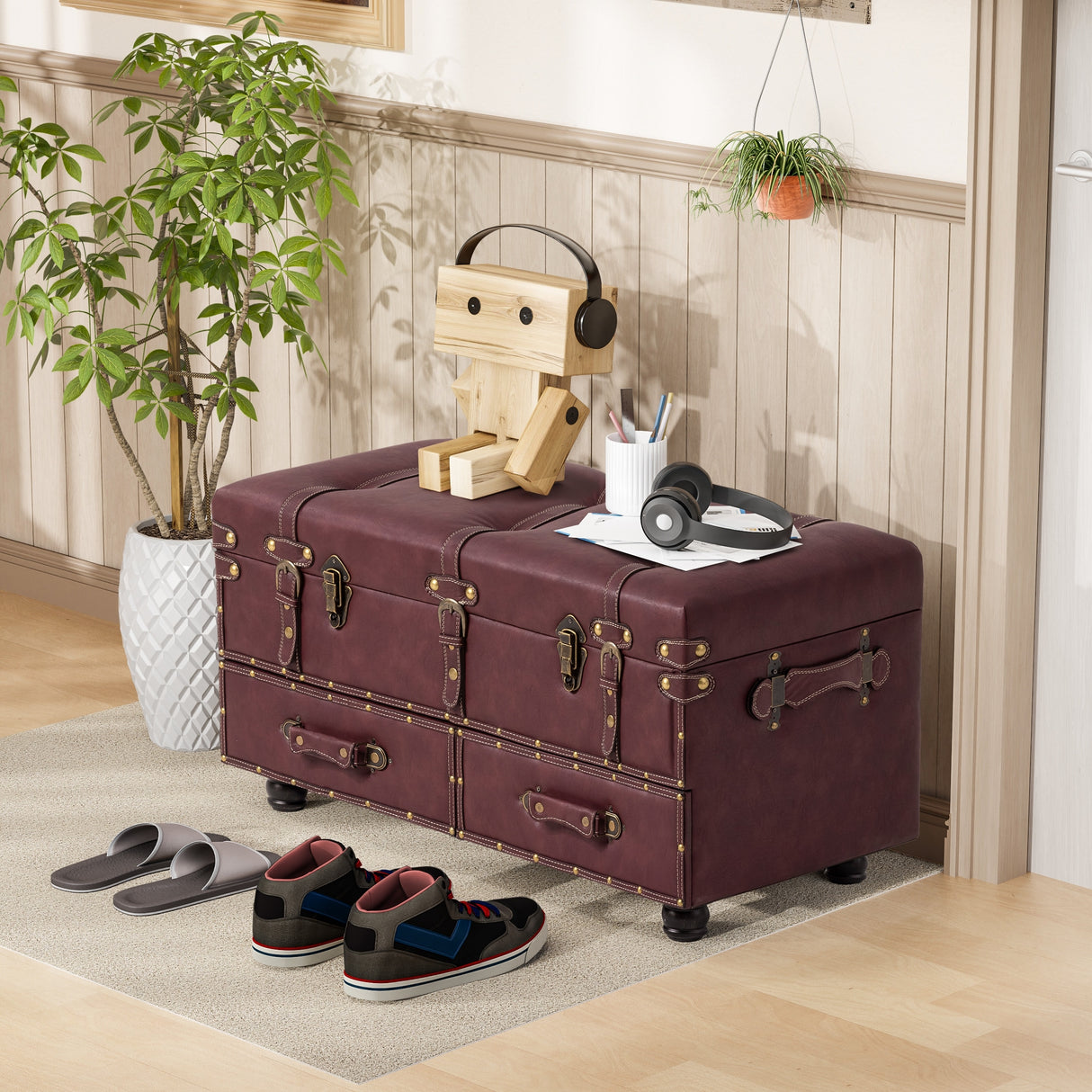 COZAYH Vintage Storage Ottoman Bench, Chest Cabinet with Latch Closure and Buckle for Bedroom Closet Home Organizer Decorative