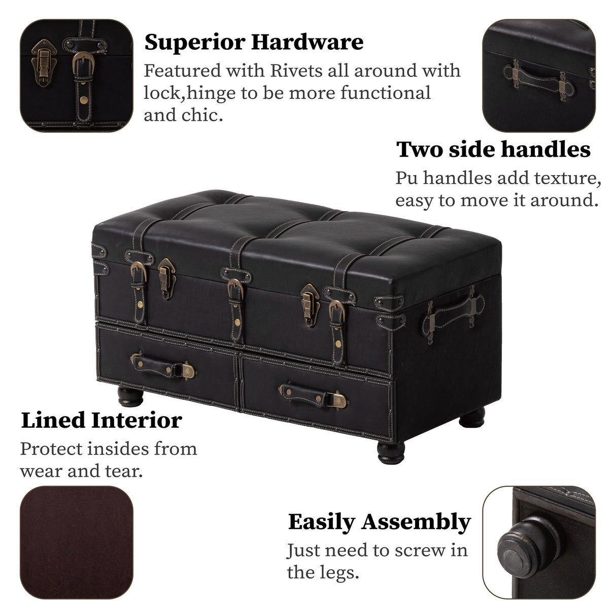 COZAYH Vintage Storage Ottoman Bench, Chest Cabinet with Latch Closure and Buckle for Bedroom Closet Home Organizer Decorative