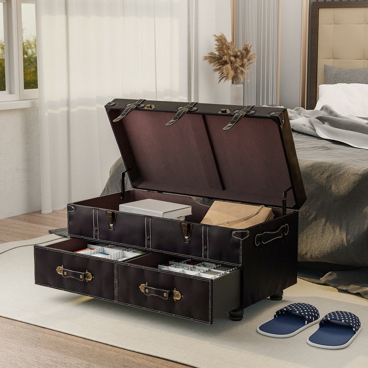 COZAYH Vintage Storage Ottoman Bench, Chest Cabinet with Latch Closure and Buckle for Bedroom Closet Home Organizer Decorative