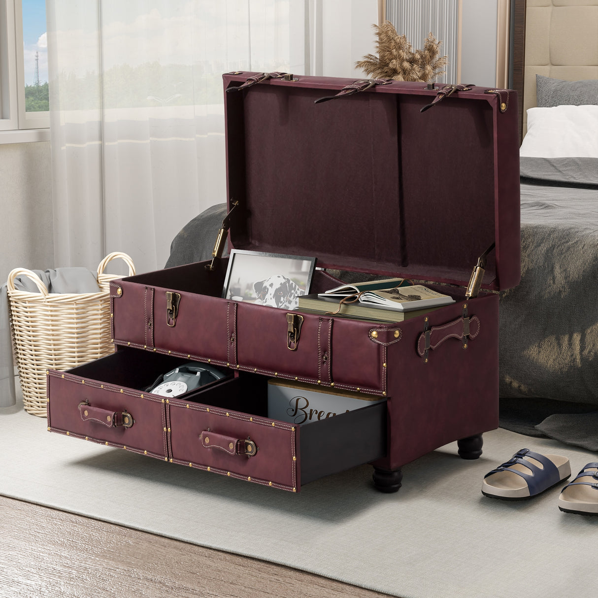 COZAYH Vintage Storage Ottoman Bench, Chest Cabinet with Latch Closure and Buckle for Bedroom Closet Home Organizer Decorative
