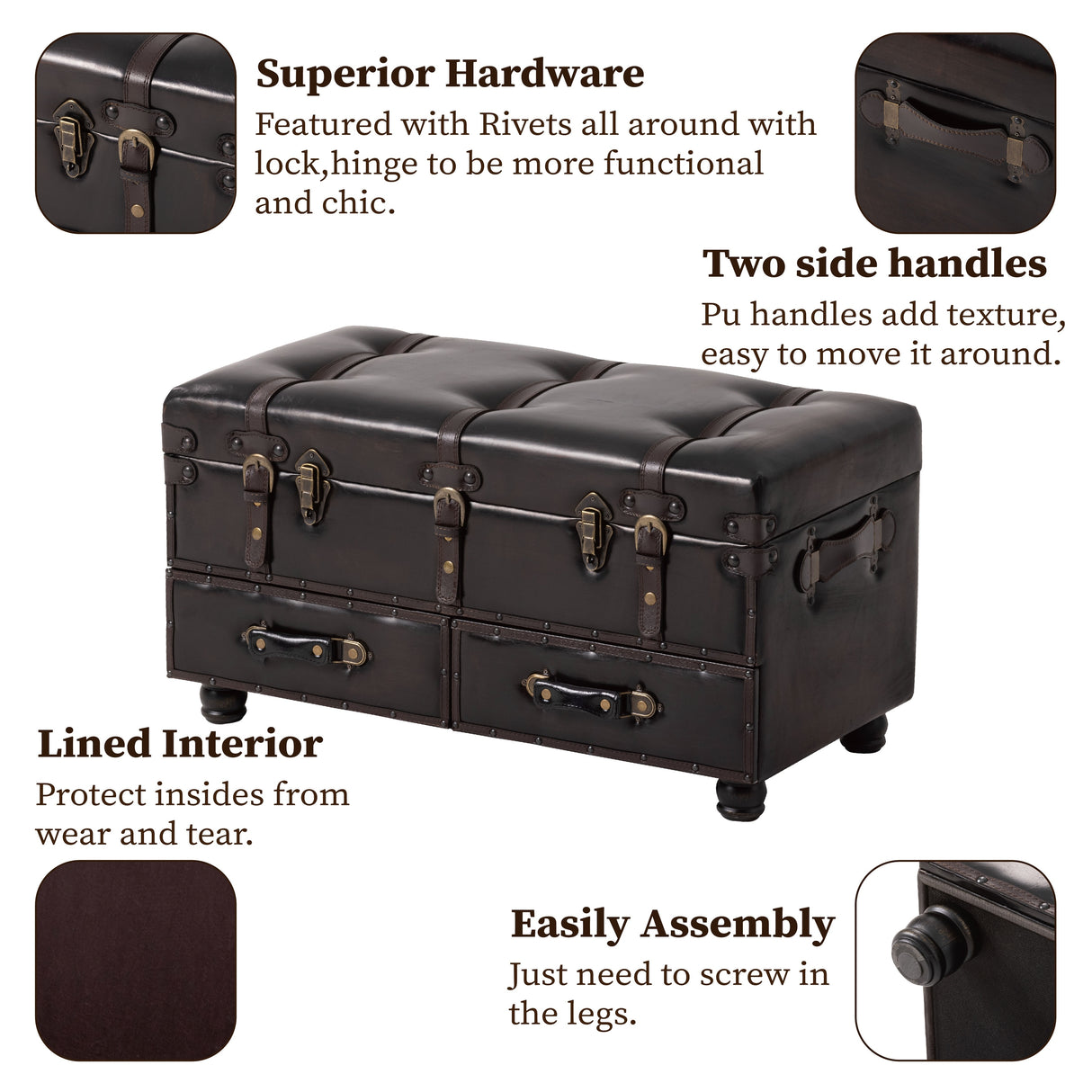 COZAYH Vintage Storage Ottoman Bench, Chest Cabinet with Latch Closure and Buckle for Bedroom Closet Home Organizer Decorative