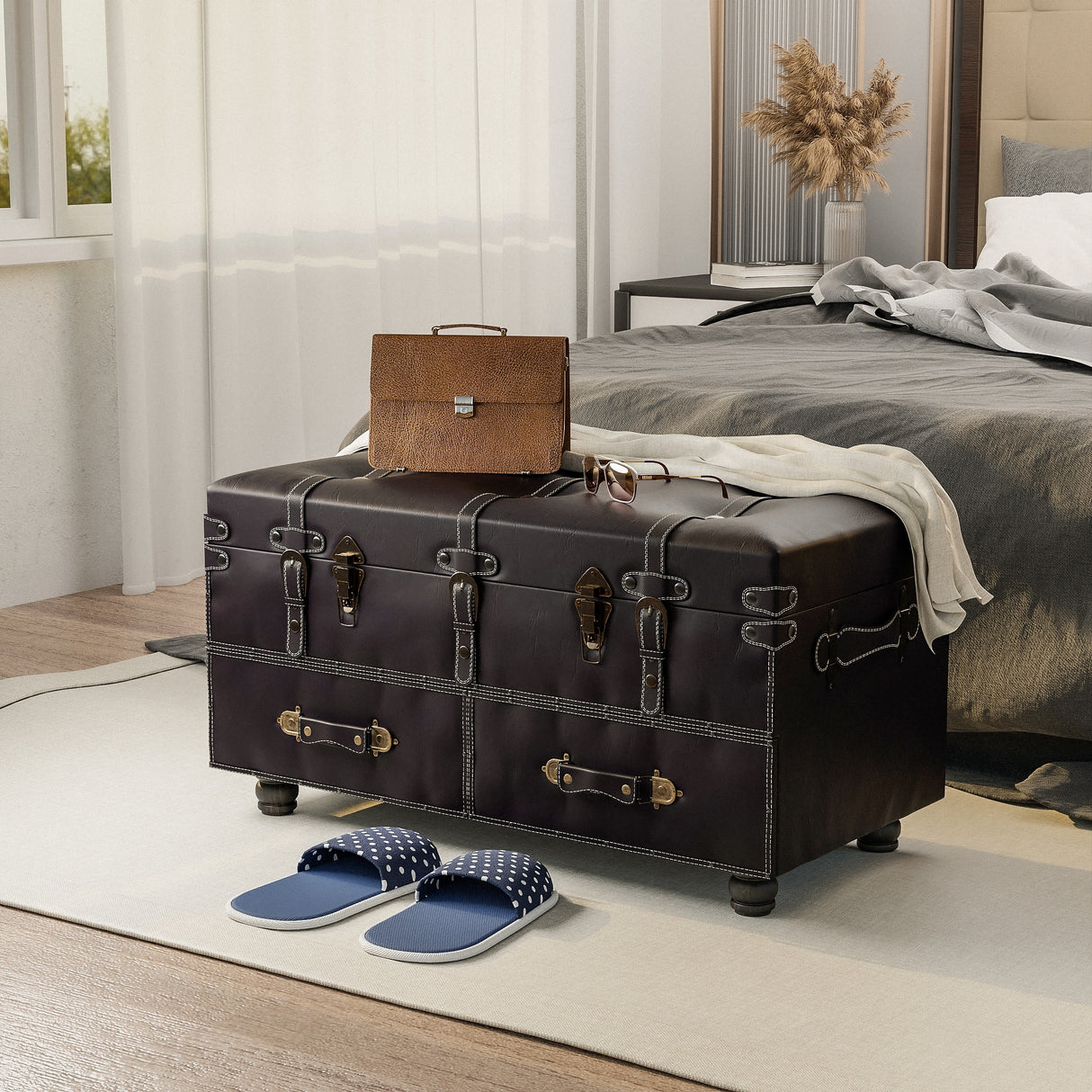 COZAYH Vintage Storage Ottoman Bench, Chest Cabinet with Latch Closure and Buckle for Bedroom Closet Home Organizer Decorative