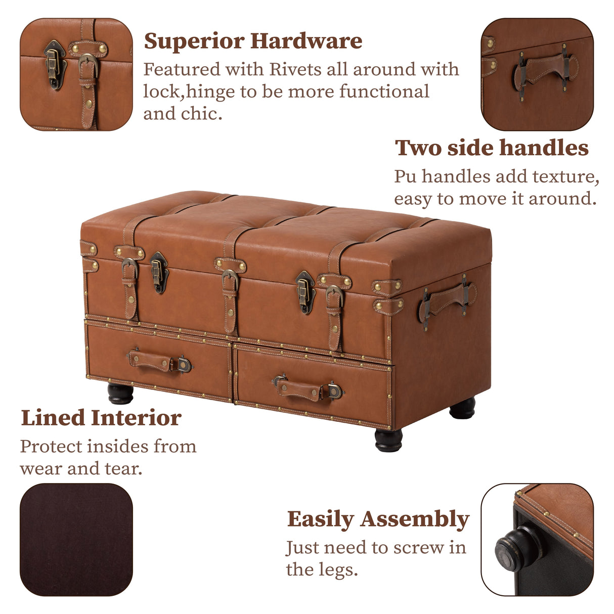 COZAYH Vintage Storage Ottoman Bench, Chest Cabinet with Latch Closure and Buckle for Bedroom Closet Home Organizer Decorative