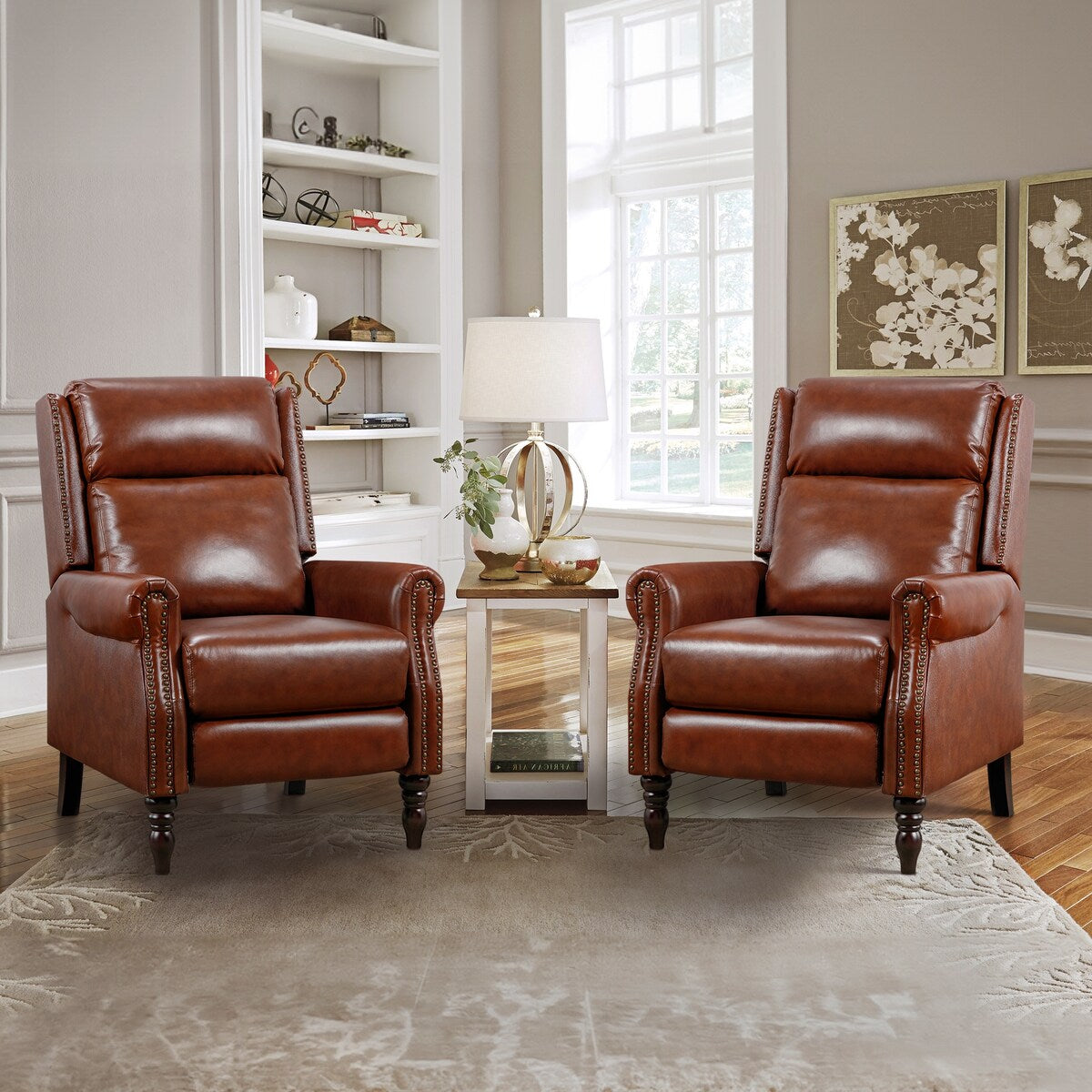 COZYMAN Mid-century Genuine Leather Recliner Push Back Adjustable Recliner Chairs with Comfortable Arms Set of 2