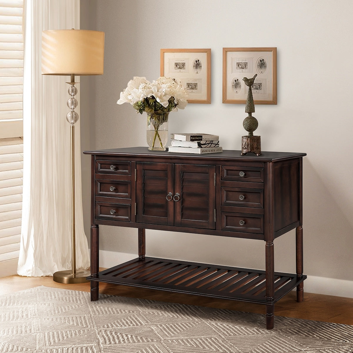 45.2"W Solid Wood Console Table with 6 Drawers, Storage Cabinet and Bottom Open Shelf