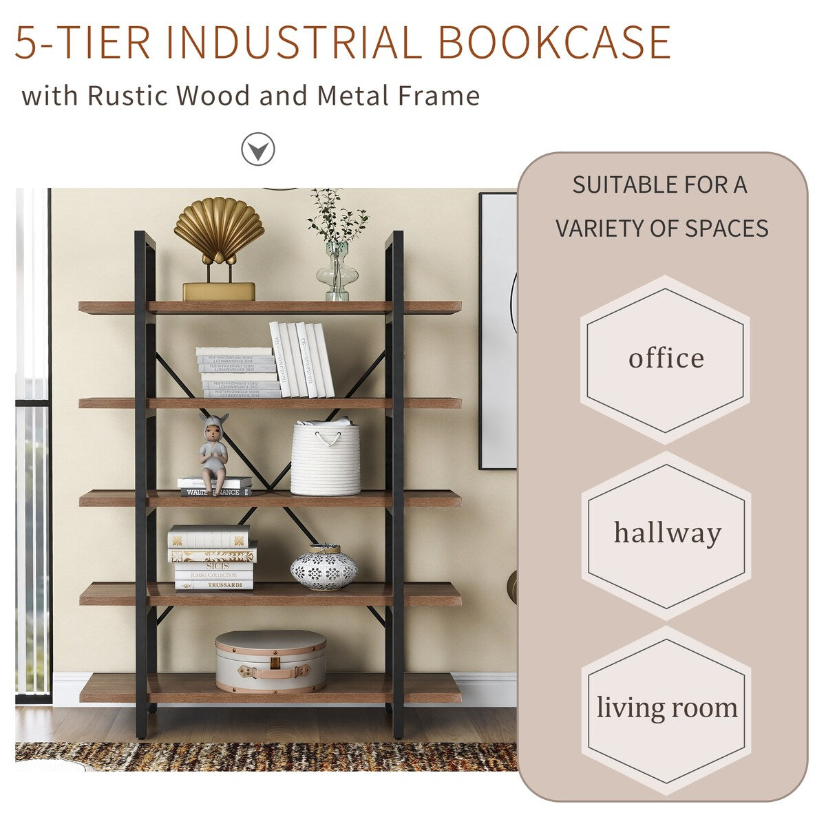 5 tier Industrial Bookcase with Rustic Wood and Metal Frame