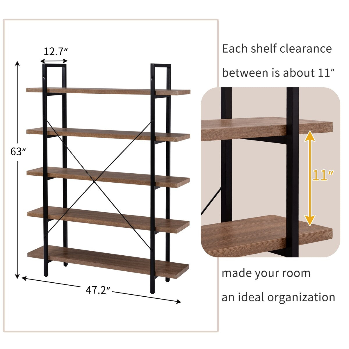 5 tier Industrial Bookcase with Rustic Wood and Metal Frame