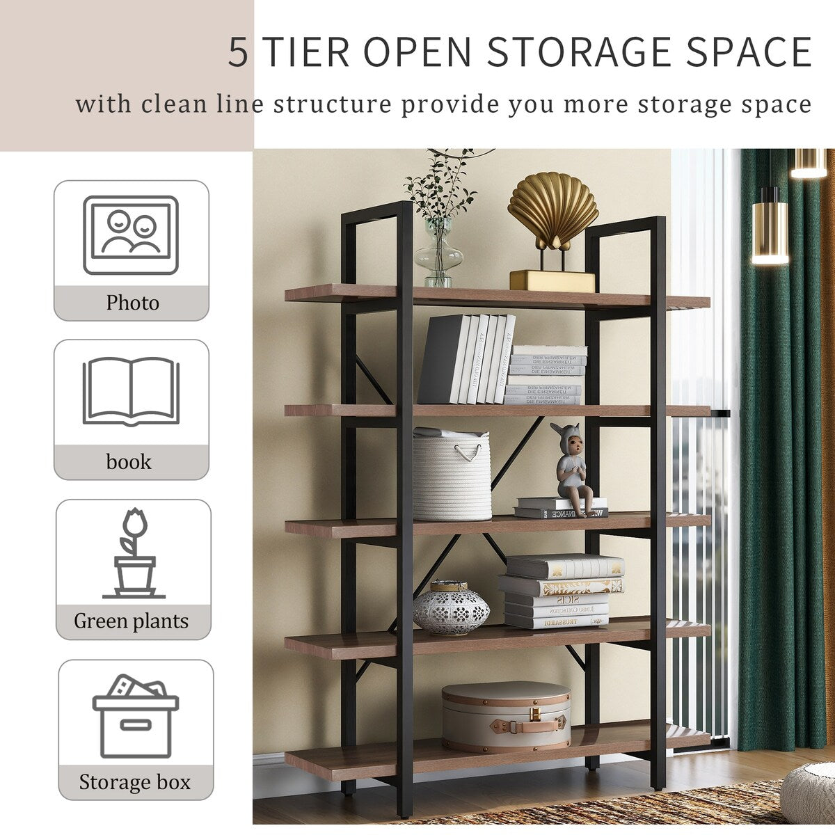 5 tier Industrial Bookcase with Rustic Wood and Metal Frame