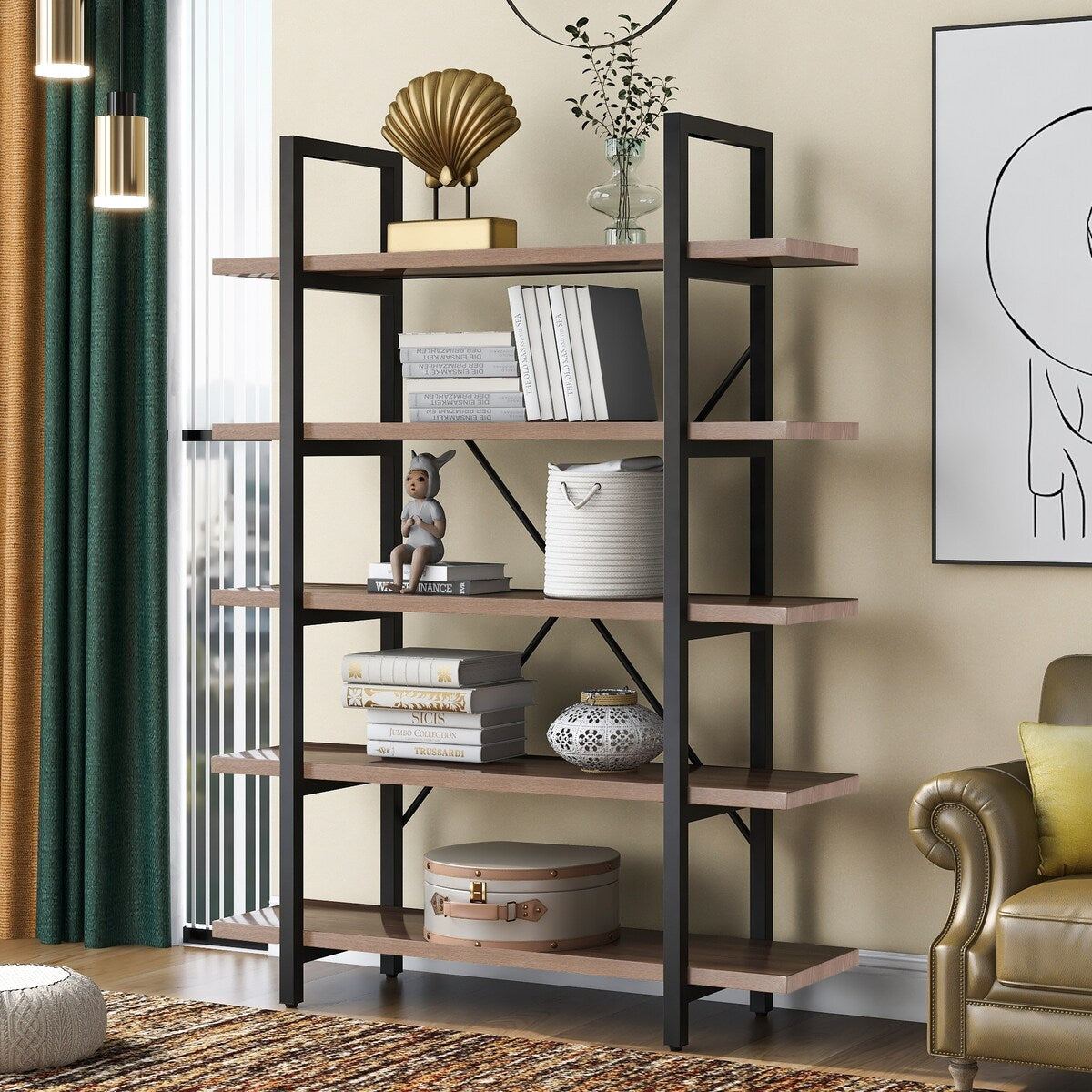 5 tier Industrial Bookcase with Rustic Wood and Metal Frame