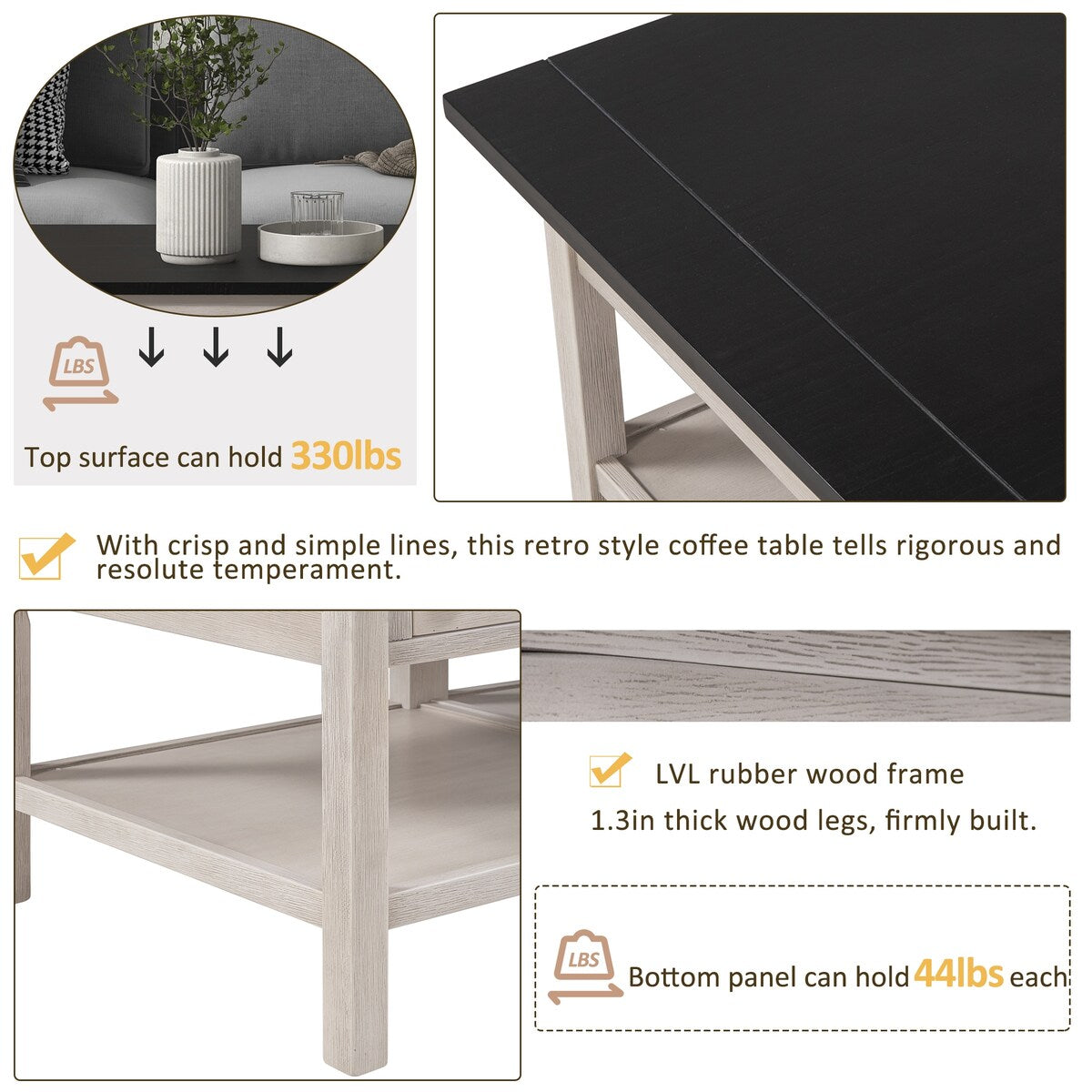Classical Wooden Espresso & White Coffee Table for Living Room, Bedroom