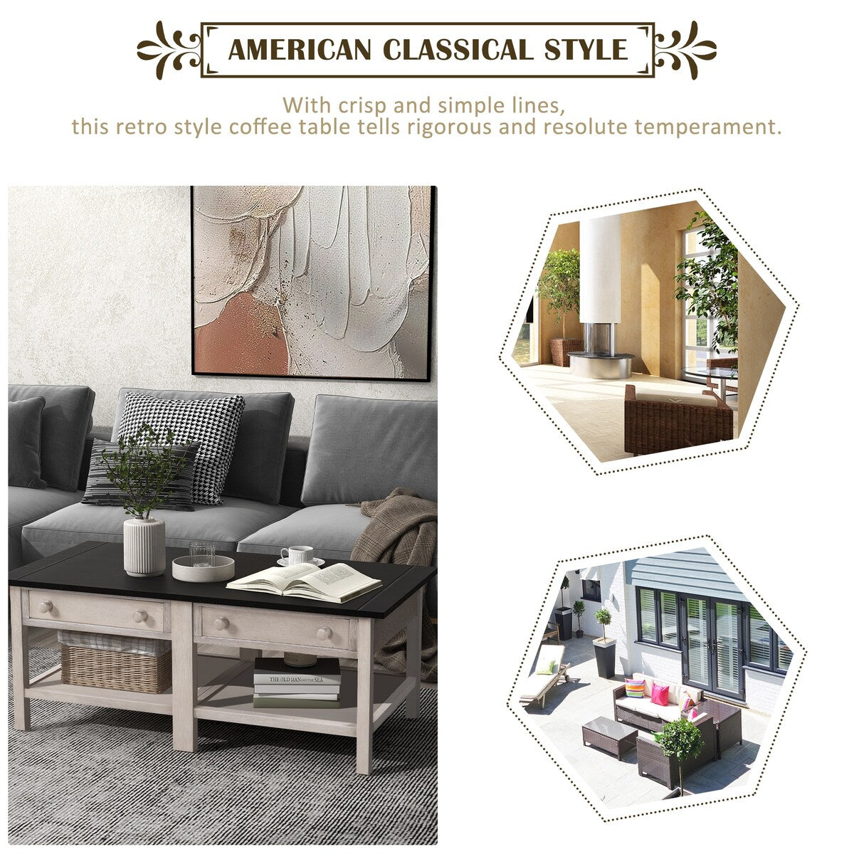 Classical Wooden Espresso & White Coffee Table for Living Room, Bedroom