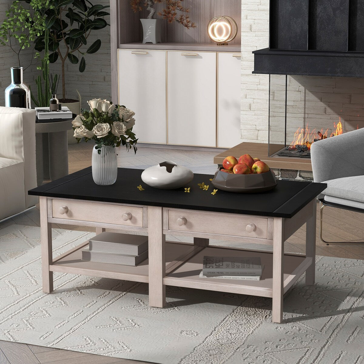 Classical Wooden Espresso & White Coffee Table for Living Room, Bedroom