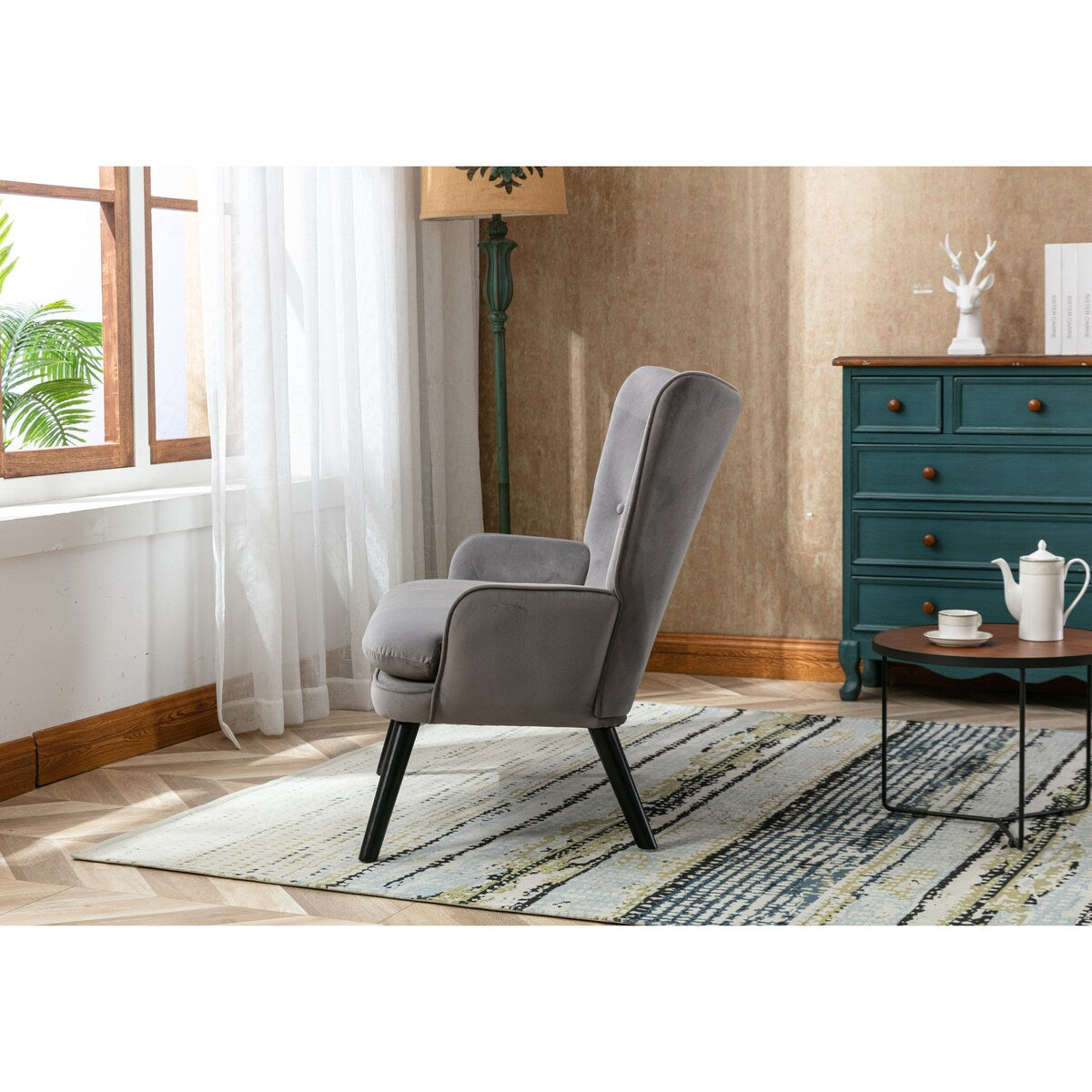 Fabric High Back Accent Chair with Padded Seat and Solid Wood Frame