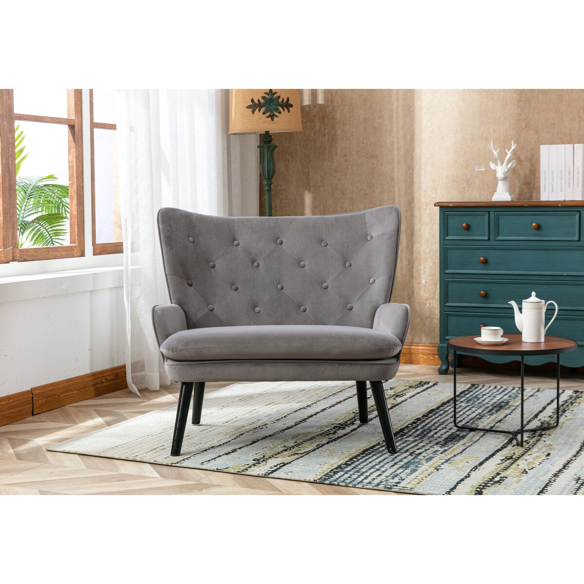 Fabric High Back Accent Chair with Padded Seat and Solid Wood Frame