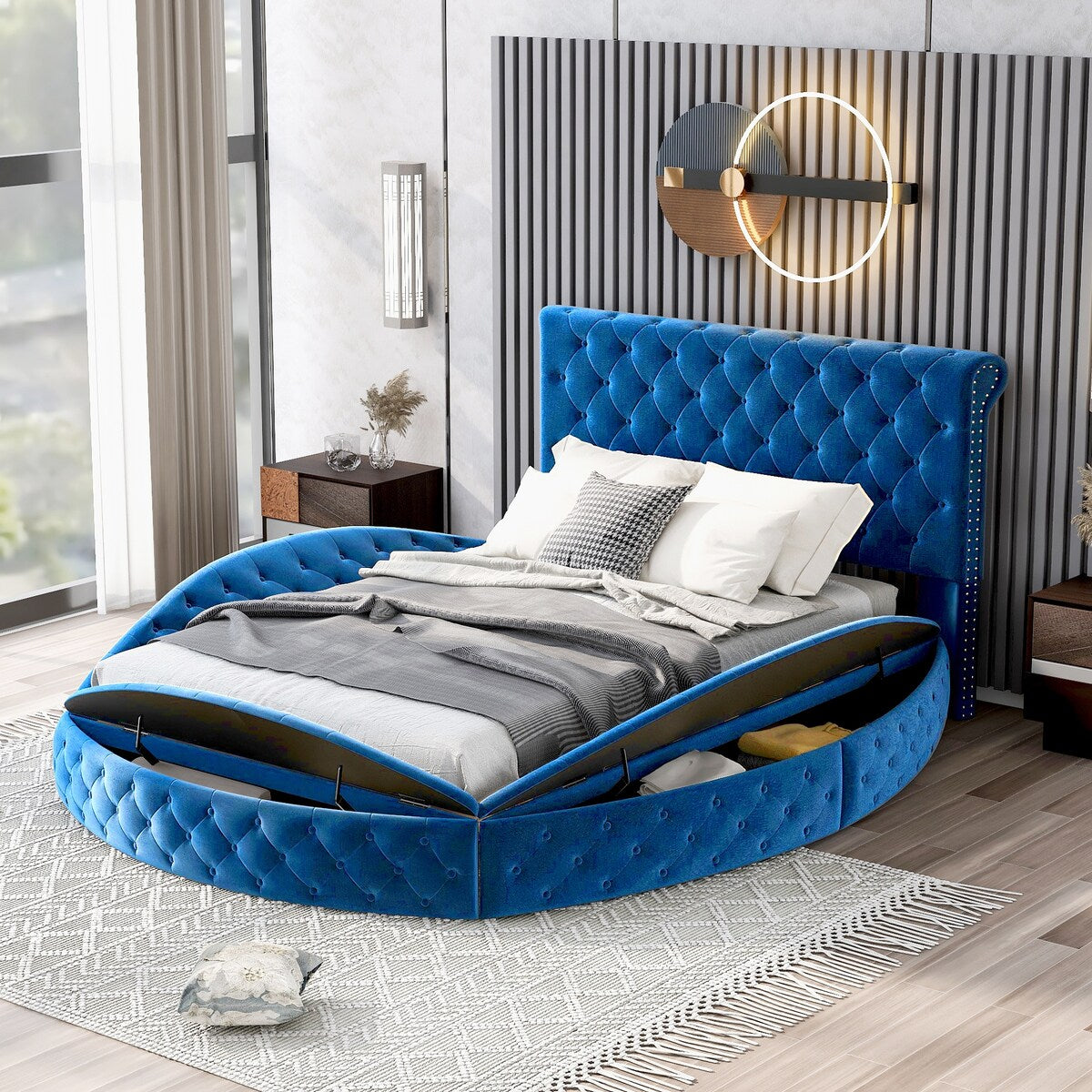 Full Size Round Shape Upholstered Storage Platform Bed with Storage Space and Headboard