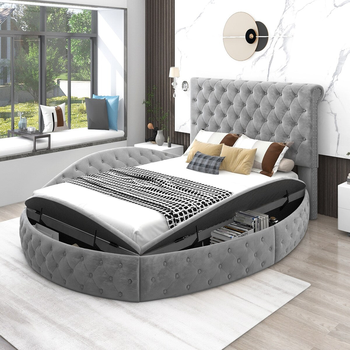 Full Size Round Shape Upholstered Storage Platform Bed with Storage Space and Headboard