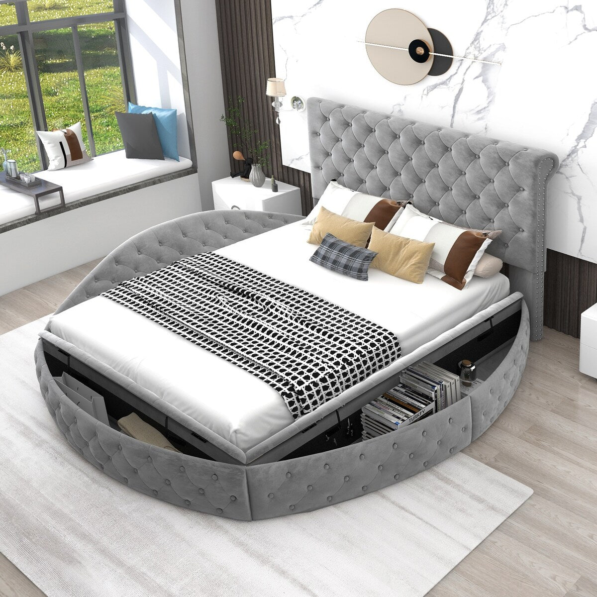 Full Size Round Shape Upholstered Storage Platform Bed with Storage Space and Headboard
