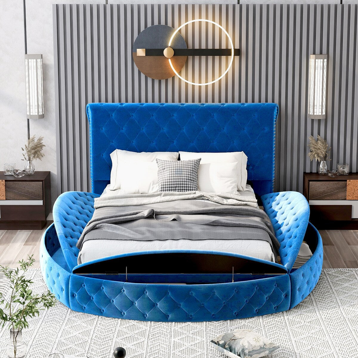 Full Size Round Shape Upholstered Storage Platform Bed with Storage Space and Headboard