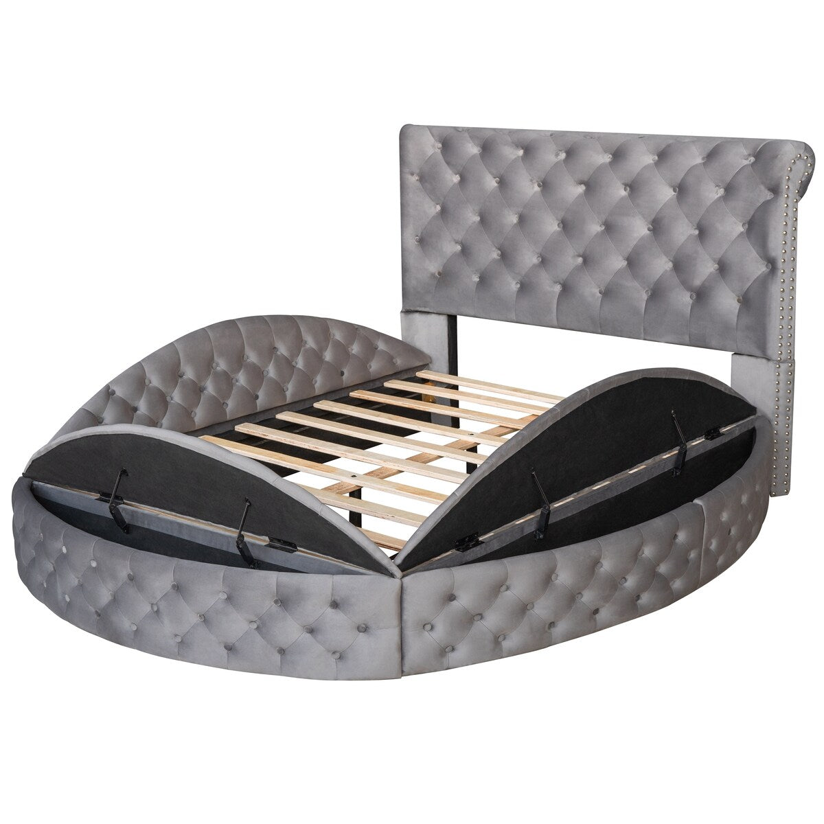 Full Size Round Shape Upholstered Storage Platform Bed with Storage Space and Headboard