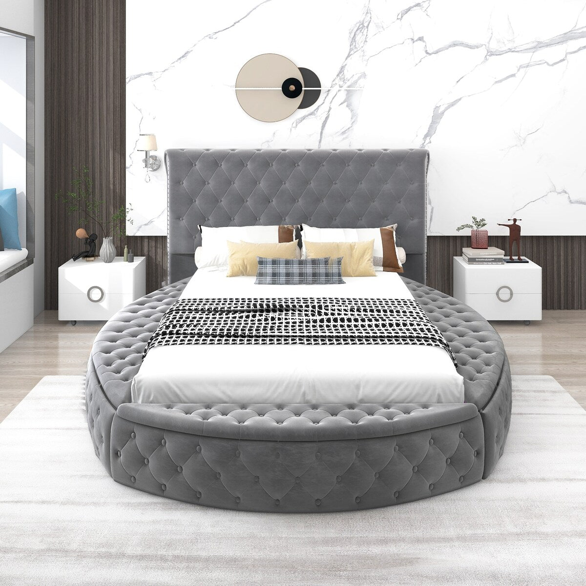 Full Size Round Shape Upholstered Storage Platform Bed with Storage Space and Headboard