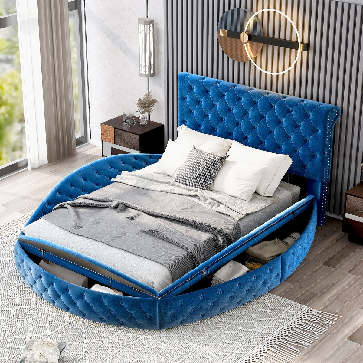 Full Size Round Shape Upholstered Storage Platform Bed with Storage Space and Headboard