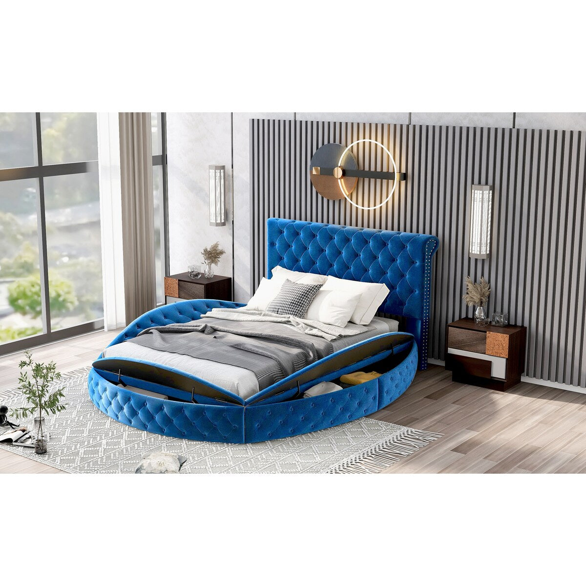 Full Size Round Shape Upholstered Storage Platform Bed with Storage Space and Headboard
