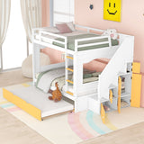 Full over Full Size Solid Wood Bunk Bed with Twin Size Trundle Bed, Storage Stairs and Built-in Ladder