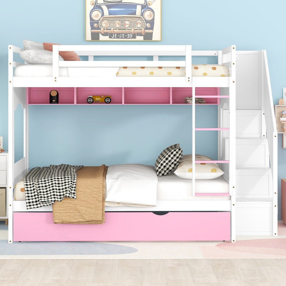 Full over Full Size Solid Wood Bunk Bed with Twin Size Trundle Bed, Storage Stairs and Built-in Ladder