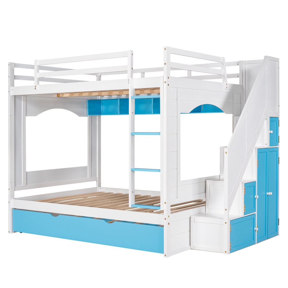 Full over Full Size Solid Wood Bunk Bed with Twin Size Trundle Bed, Storage Stairs and Built-in Ladder