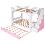 Full over Full Size Solid Wood Bunk Bed with Twin Size Trundle Bed, Storage Stairs and Built-in Ladder