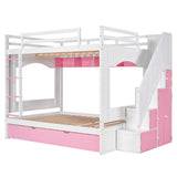Full over Full Size Solid Wood Bunk Bed with Twin Size Trundle Bed, Storage Stairs and Built-in Ladder