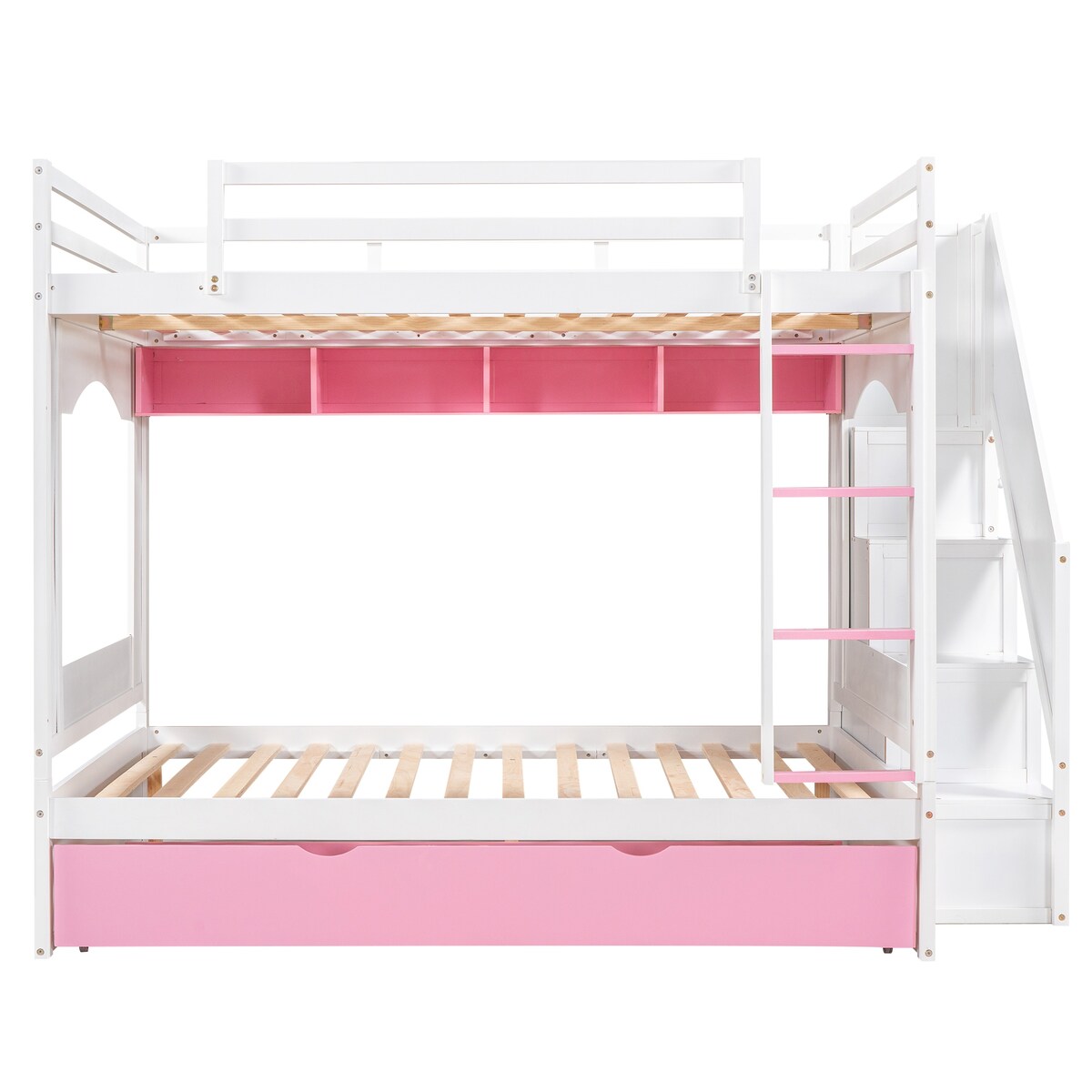 Full over Full Size Solid Wood Bunk Bed with Twin Size Trundle Bed, Storage Stairs and Built-in Ladder