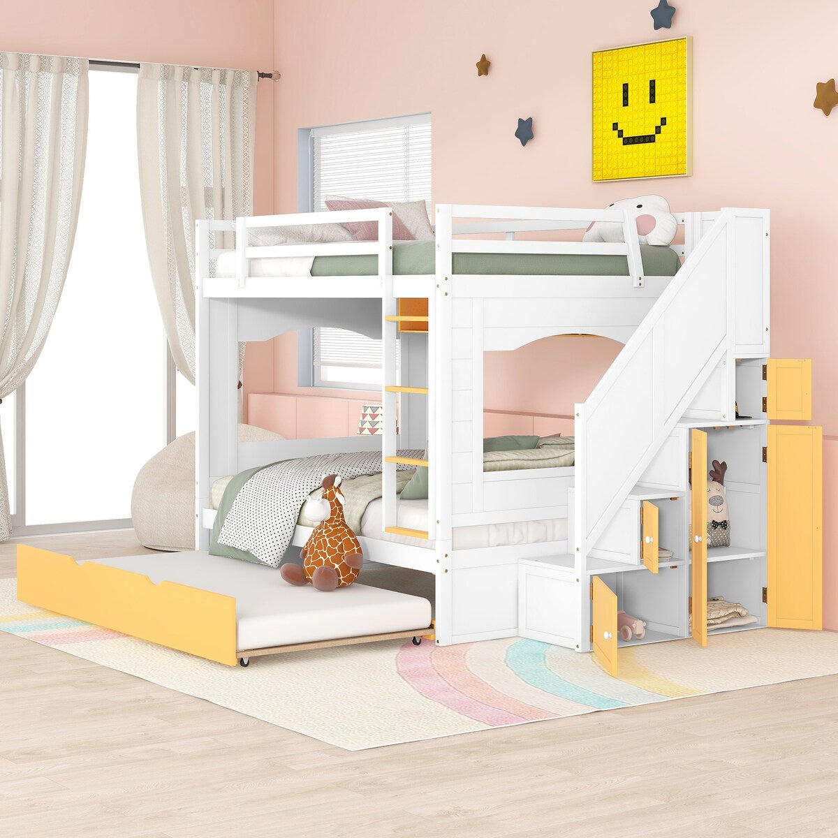Full over Full Size Solid Wood Bunk Bed with Twin Size Trundle Bed, Storage Stairs and Built-in Ladder
