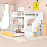 Full over Full Size Solid Wood Bunk Bed with Twin Size Trundle Bed, Storage Stairs and Built-in Ladder