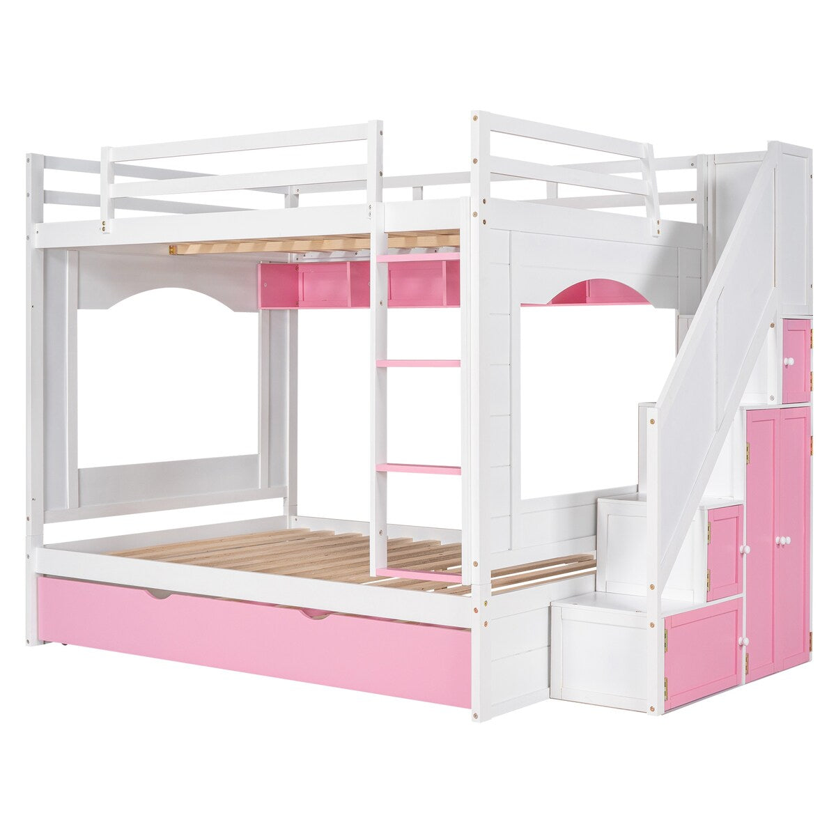 Full over Full Size Solid Wood Bunk Bed with Twin Size Trundle Bed, Storage Stairs and Built-in Ladder