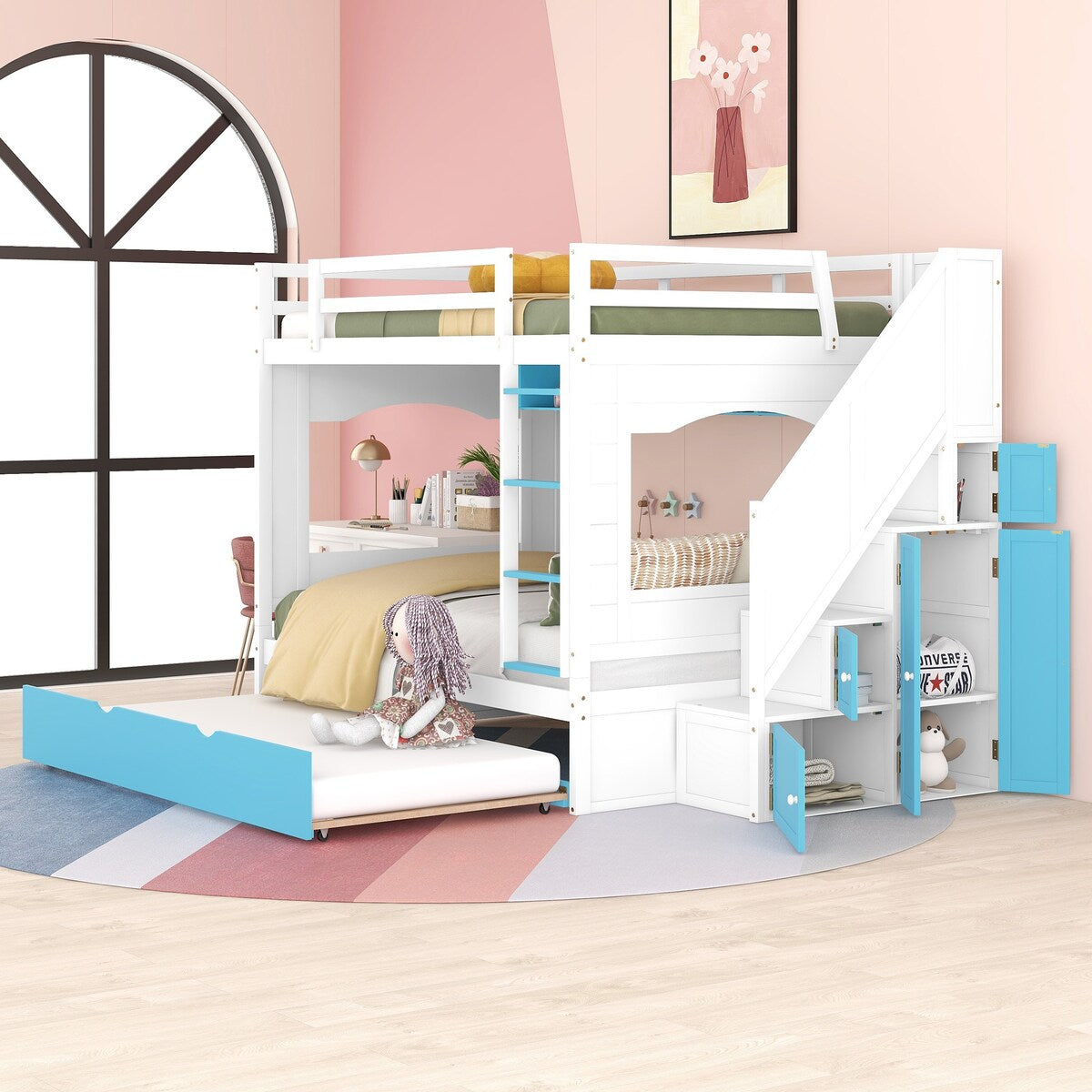 Full over Full Size Solid Wood Bunk Bed with Twin Size Trundle Bed, Storage Stairs and Built-in Ladder