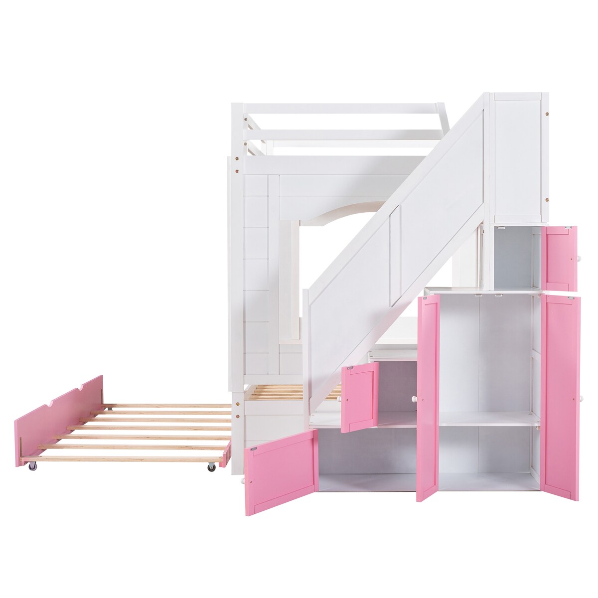 Full over Full Size Solid Wood Bunk Bed with Twin Size Trundle Bed, Storage Stairs and Built-in Ladder