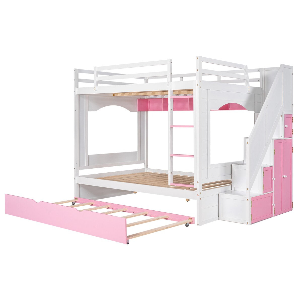 Full over Full Size Solid Wood Bunk Bed with Twin Size Trundle Bed, Storage Stairs and Built-in Ladder