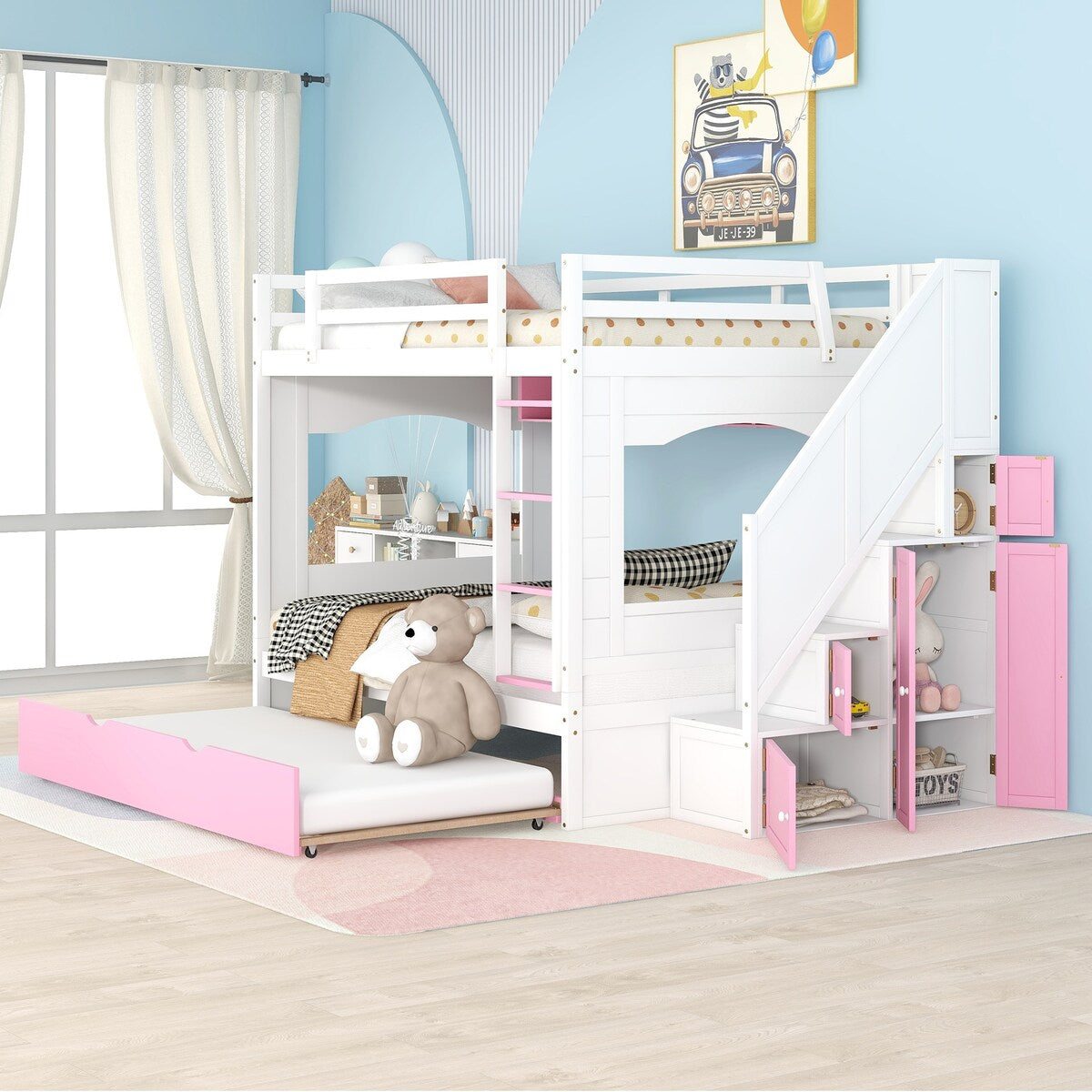 Full over Full Size Solid Wood Bunk Bed with Twin Size Trundle Bed, Storage Stairs and Built-in Ladder