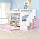 Full over Full Size Solid Wood Bunk Bed with Twin Size Trundle Bed, Storage Stairs and Built-in Ladder