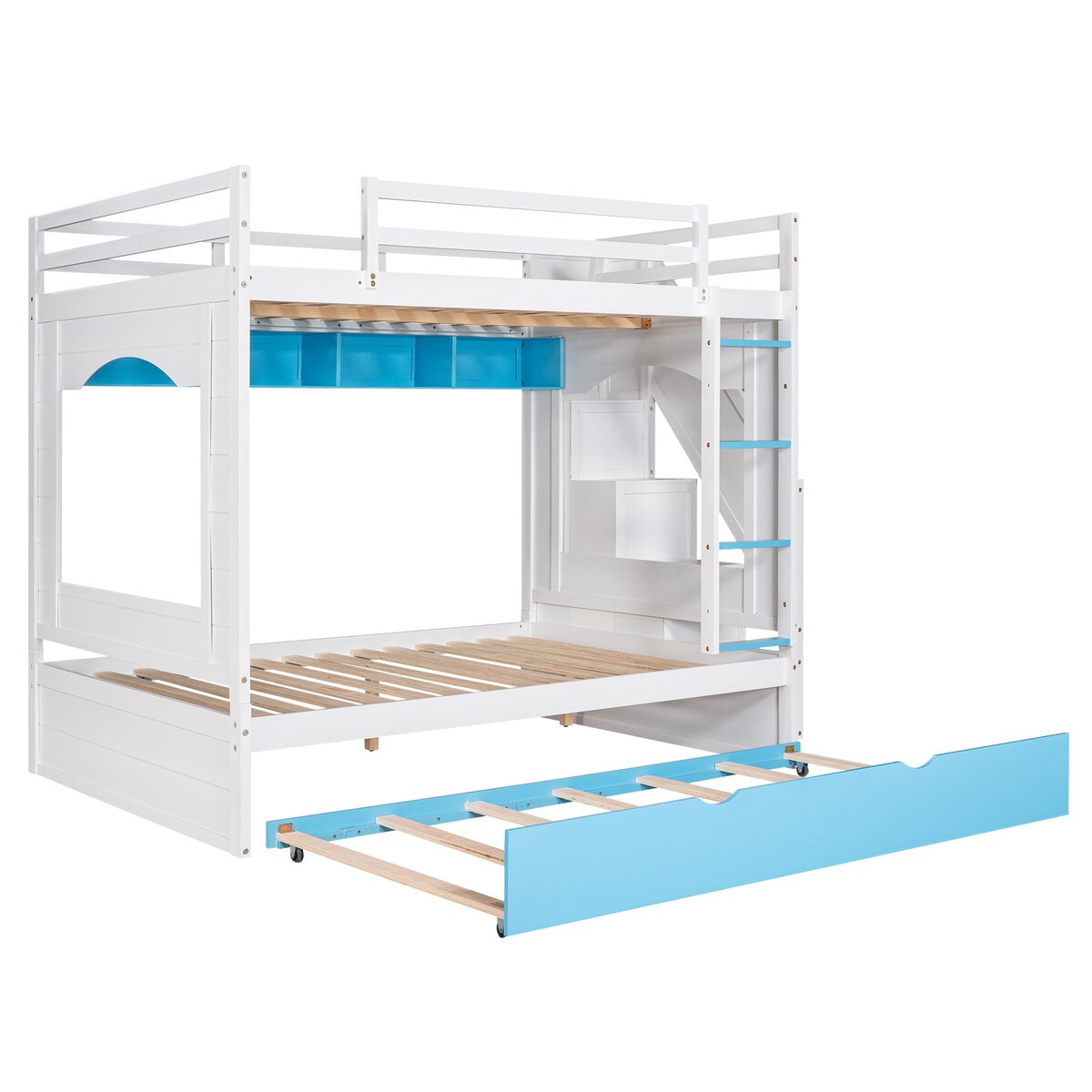 Full over Full Size Solid Wood Bunk Bed with Twin Size Trundle Bed, Storage Stairs and Built-in Ladder