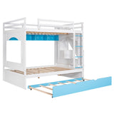 Full over Full Size Solid Wood Bunk Bed with Twin Size Trundle Bed, Storage Stairs and Built-in Ladder