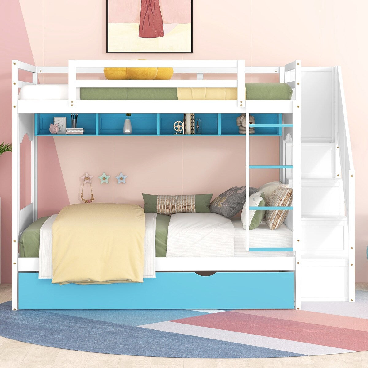 Full over Full Size Solid Wood Bunk Bed with Twin Size Trundle Bed, Storage Stairs and Built-in Ladder