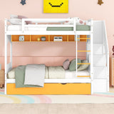 Full over Full Size Solid Wood Bunk Bed with Twin Size Trundle Bed, Storage Stairs and Built-in Ladder