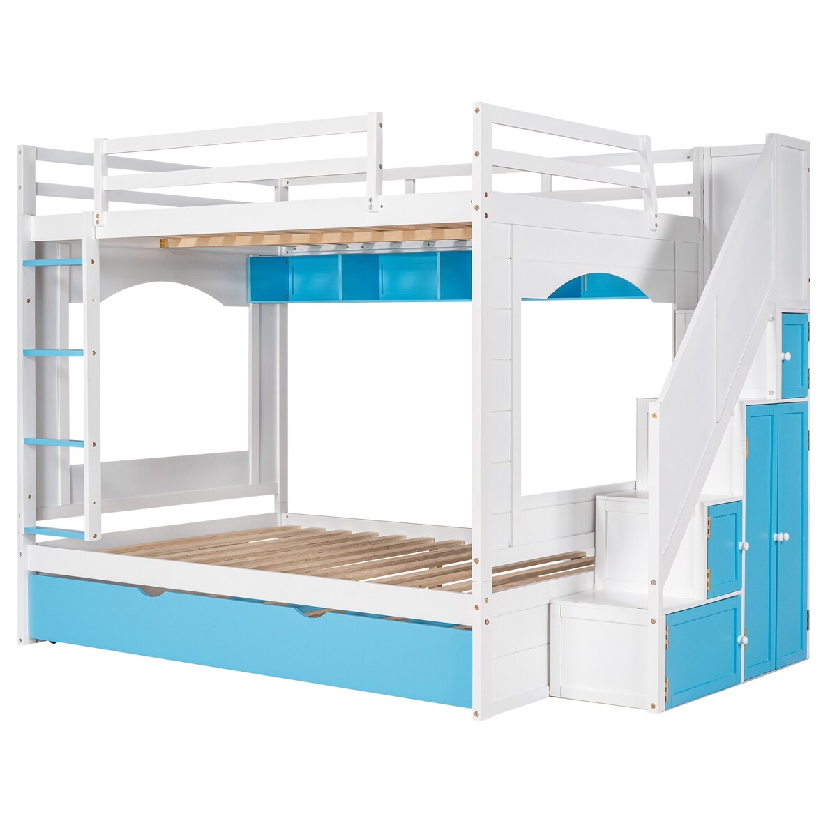 Full over Full Size Solid Wood Bunk Bed with Twin Size Trundle Bed, Storage Stairs and Built-in Ladder
