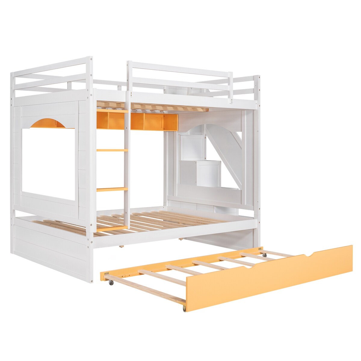 Full over Full Size Solid Wood Bunk Bed with Twin Size Trundle Bed, Storage Stairs and Built-in Ladder
