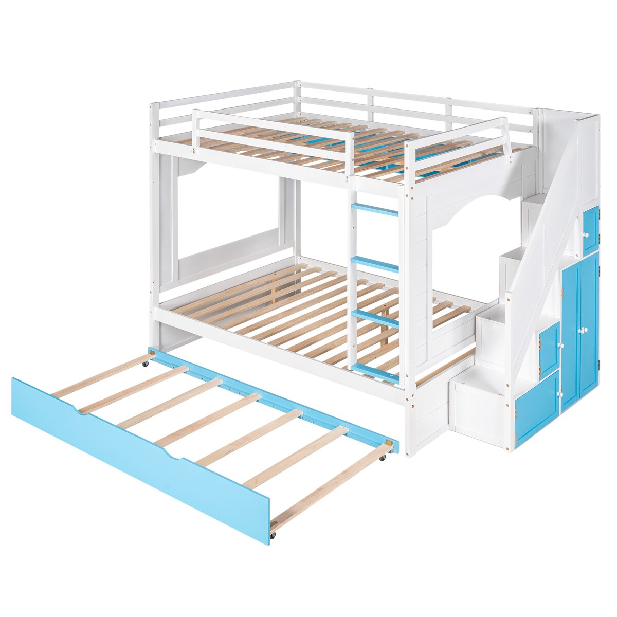 Full over Full Size Solid Wood Bunk Bed with Twin Size Trundle Bed, Storage Stairs and Built-in Ladder