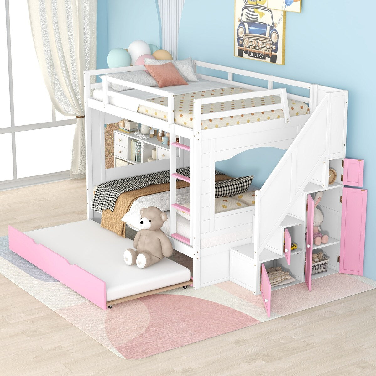Full over Full Size Solid Wood Bunk Bed with Twin Size Trundle Bed, Storage Stairs and Built-in Ladder