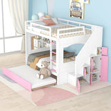 Full over Full Size Solid Wood Bunk Bed with Twin Size Trundle Bed, Storage Stairs and Built-in Ladder